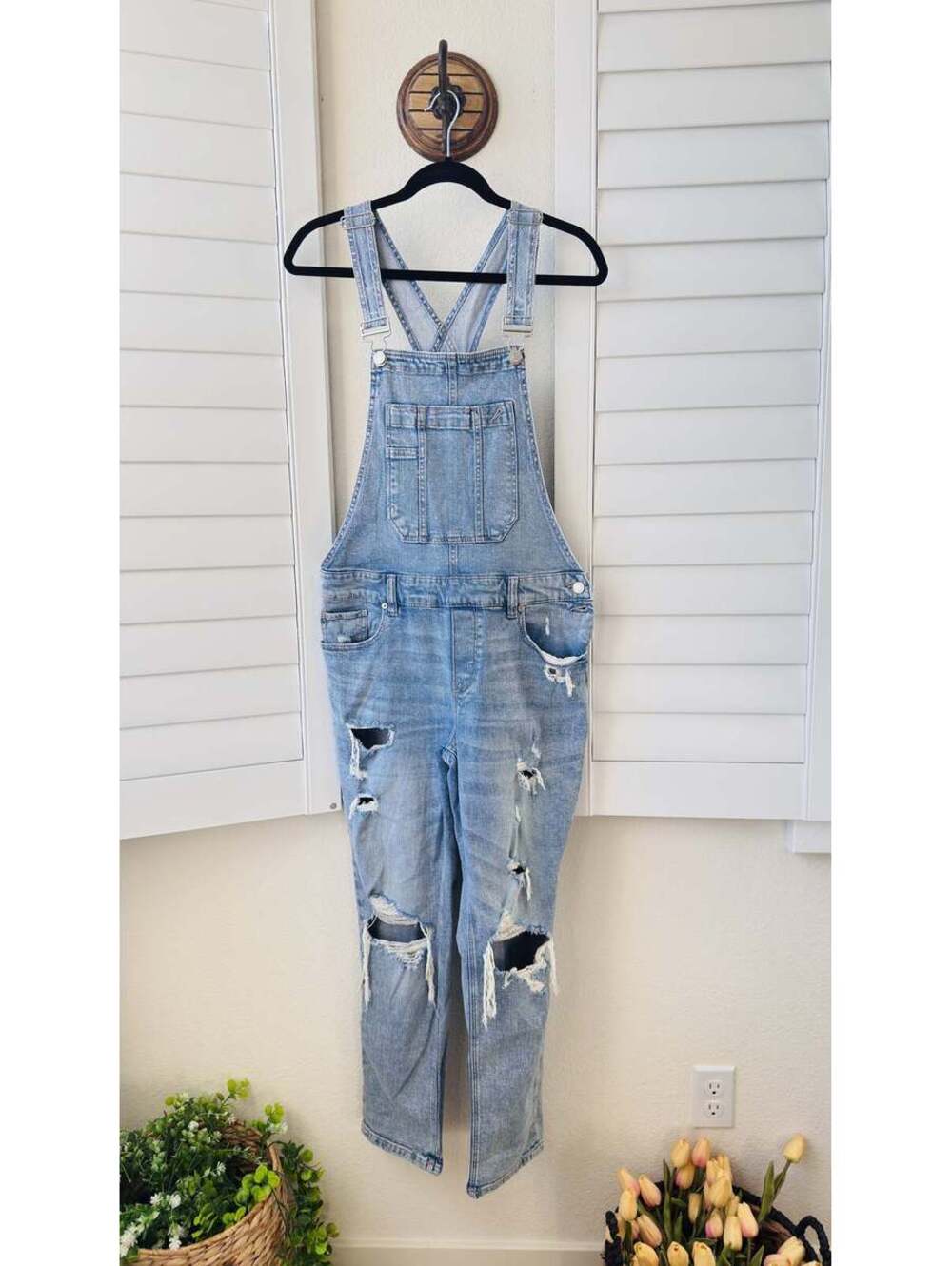 Garage Light Wash Distressed Denim Overalls - Size M